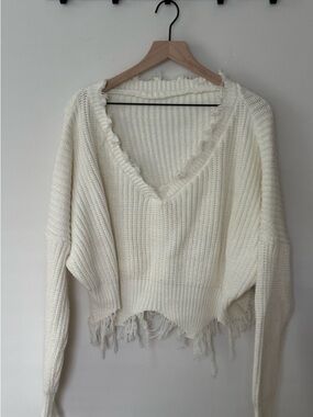 Cream Distressed Cropped Knit Sweater (One Size)